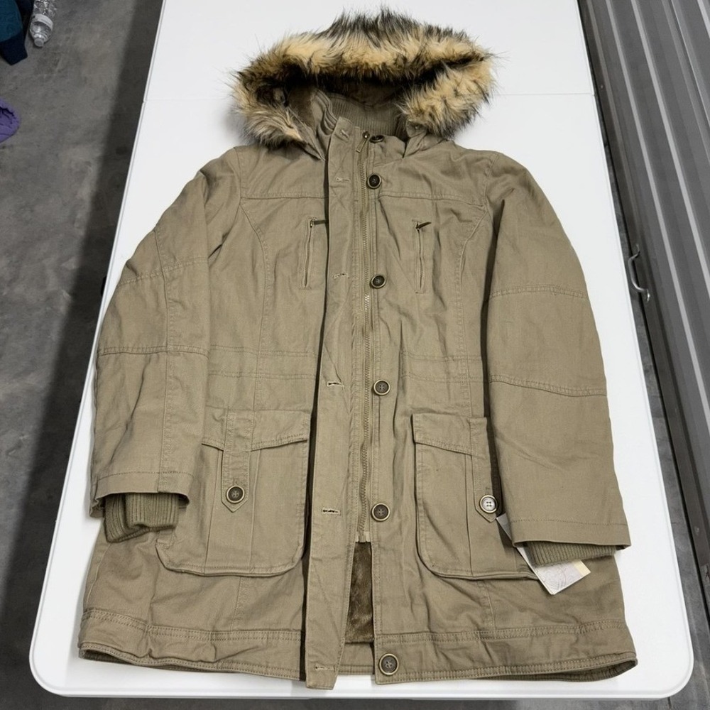 Inked & Faded Mens Tan Canvas Utility Parka Faux Fur Lined Hooded Jacket NWT